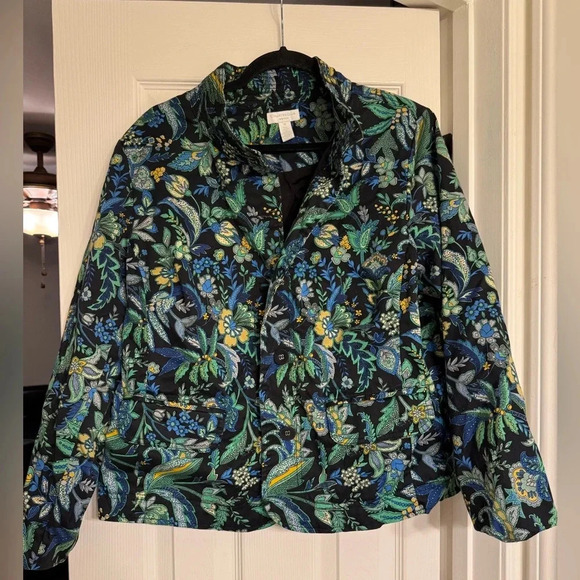 Charter Club Womens Jacket sz 1X Blue Green Floral Button Up 3/4 Sleeve Pockets - Picture 1 of 6
